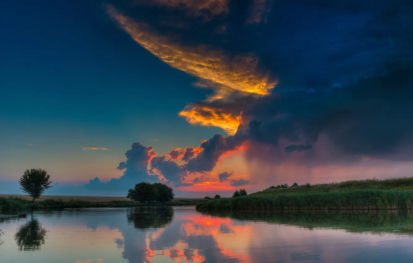 Фото обои небо, облака, закат, река