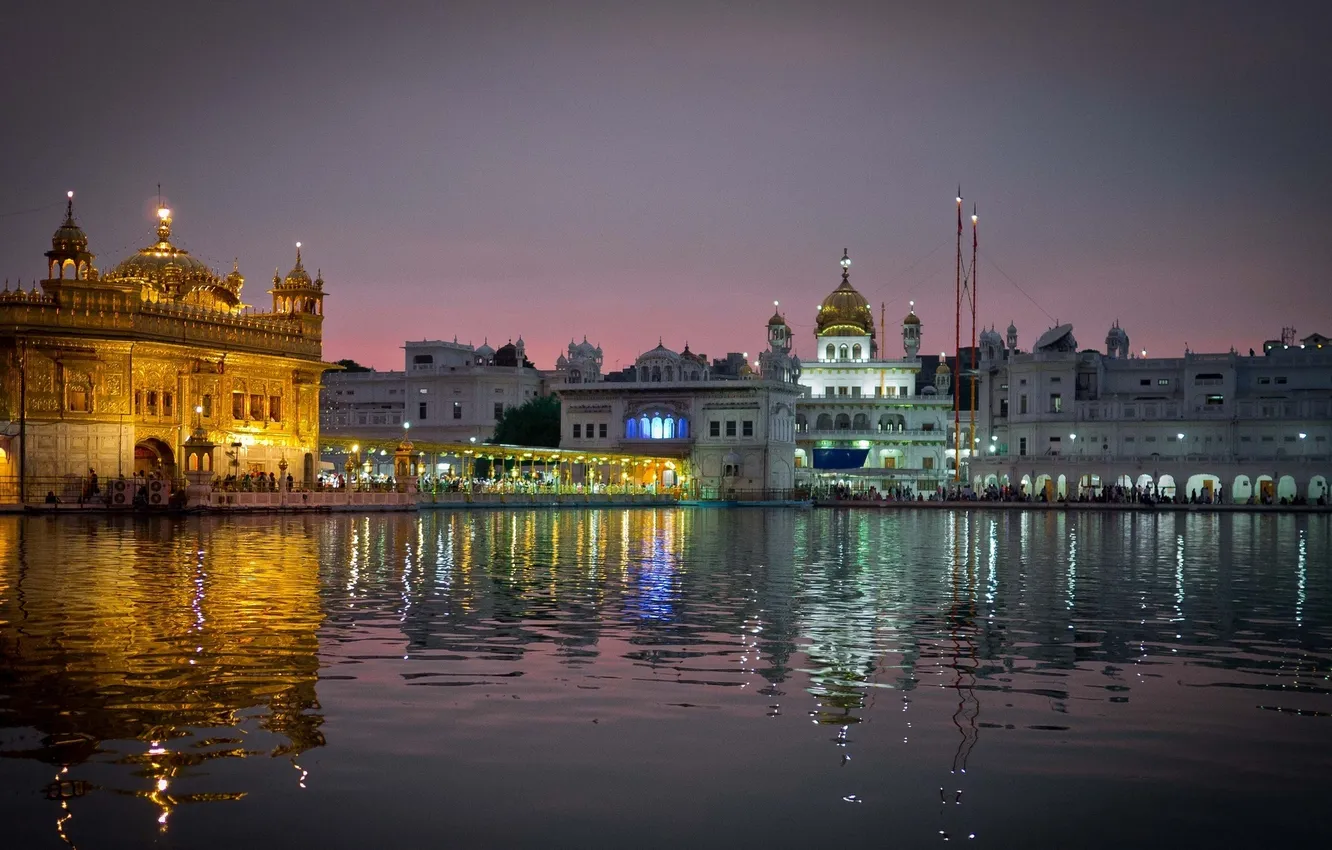 Фото обои вода, город, отражение, вечер, Индия, храм, India, Амритсар