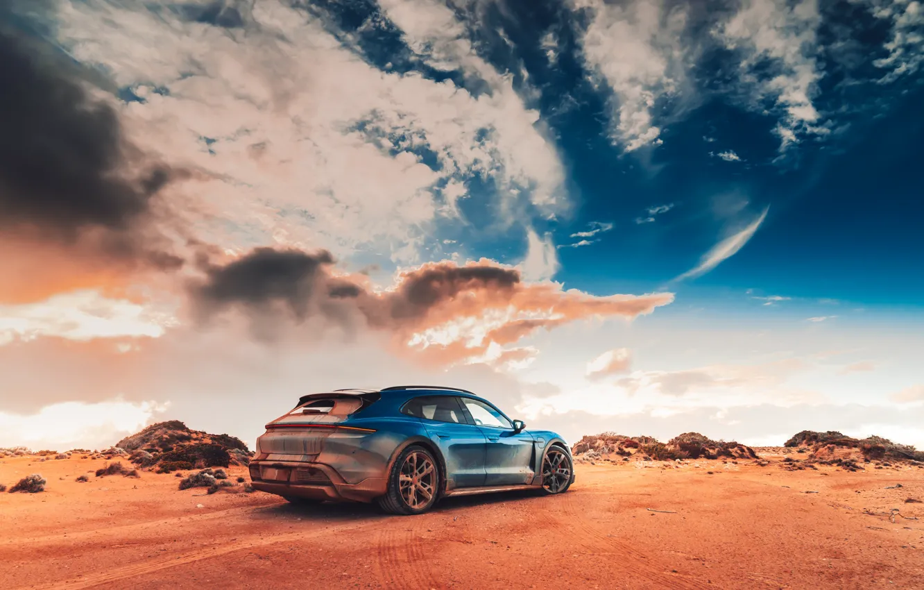 Фото обои Porsche, Blue, Side, Sand, Rear, Mud, Cross Turismo, 2021