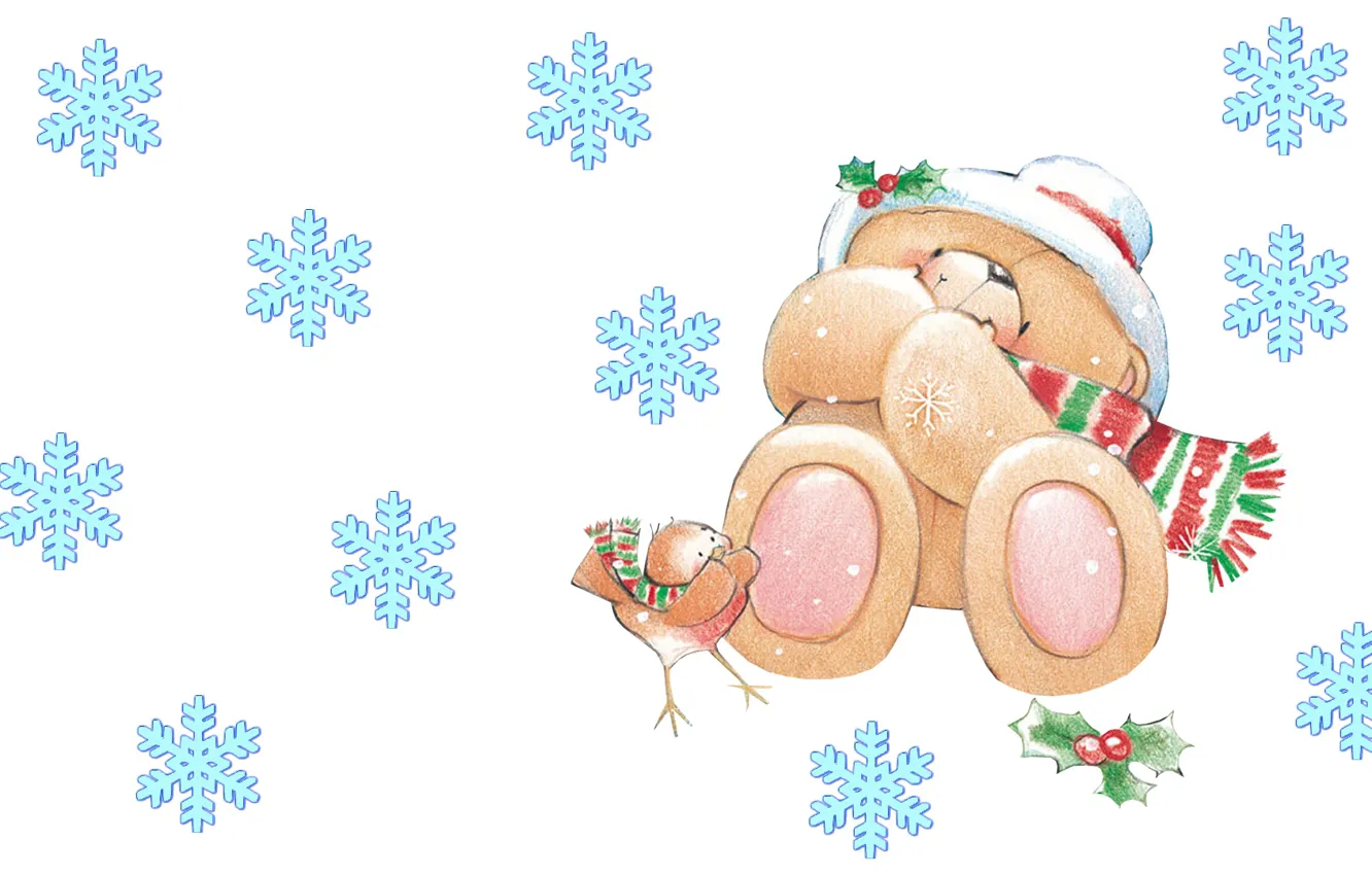 Фото обои зима, настроение, арт, мишка, Новый год, птичка, снежинка, детская