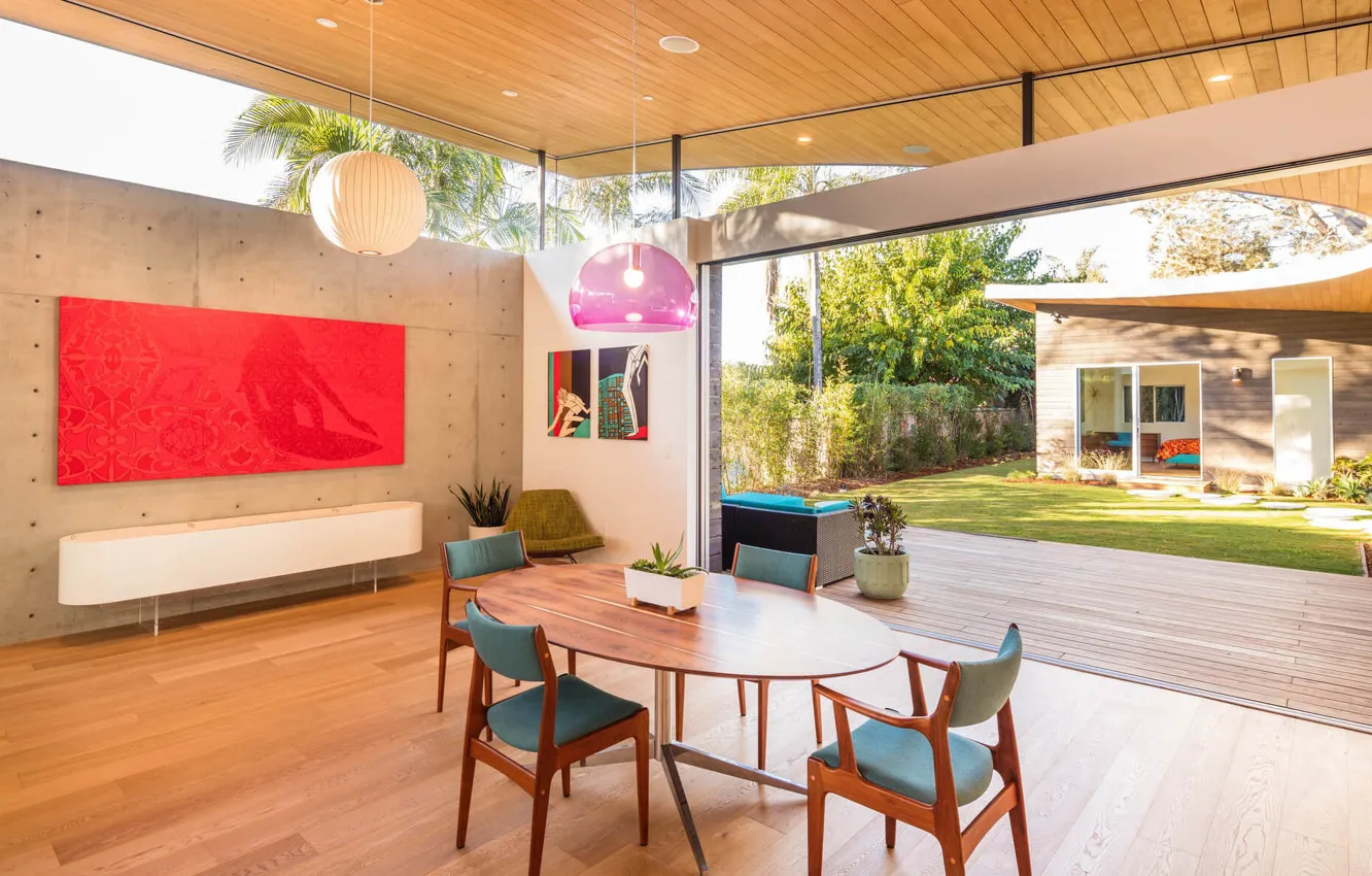 Фото обои ретро, вилла, интерьер, California, терраса, столовая, mid-century modern, NONAGON style