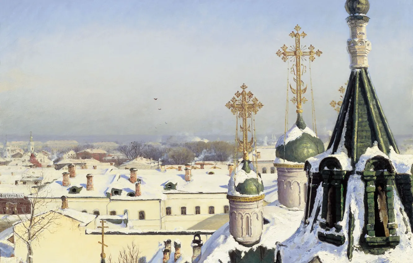 Фото обои зима, кресты, масло, храм, Холст, 1878, ваяния и зодчества, Из окна Московского училища живописи