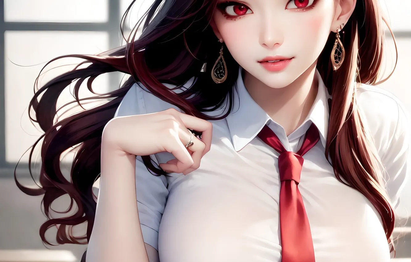 Фото обои school uniform, red eyes, women, brunette, shirt, bent over, schoolgirl, vertical