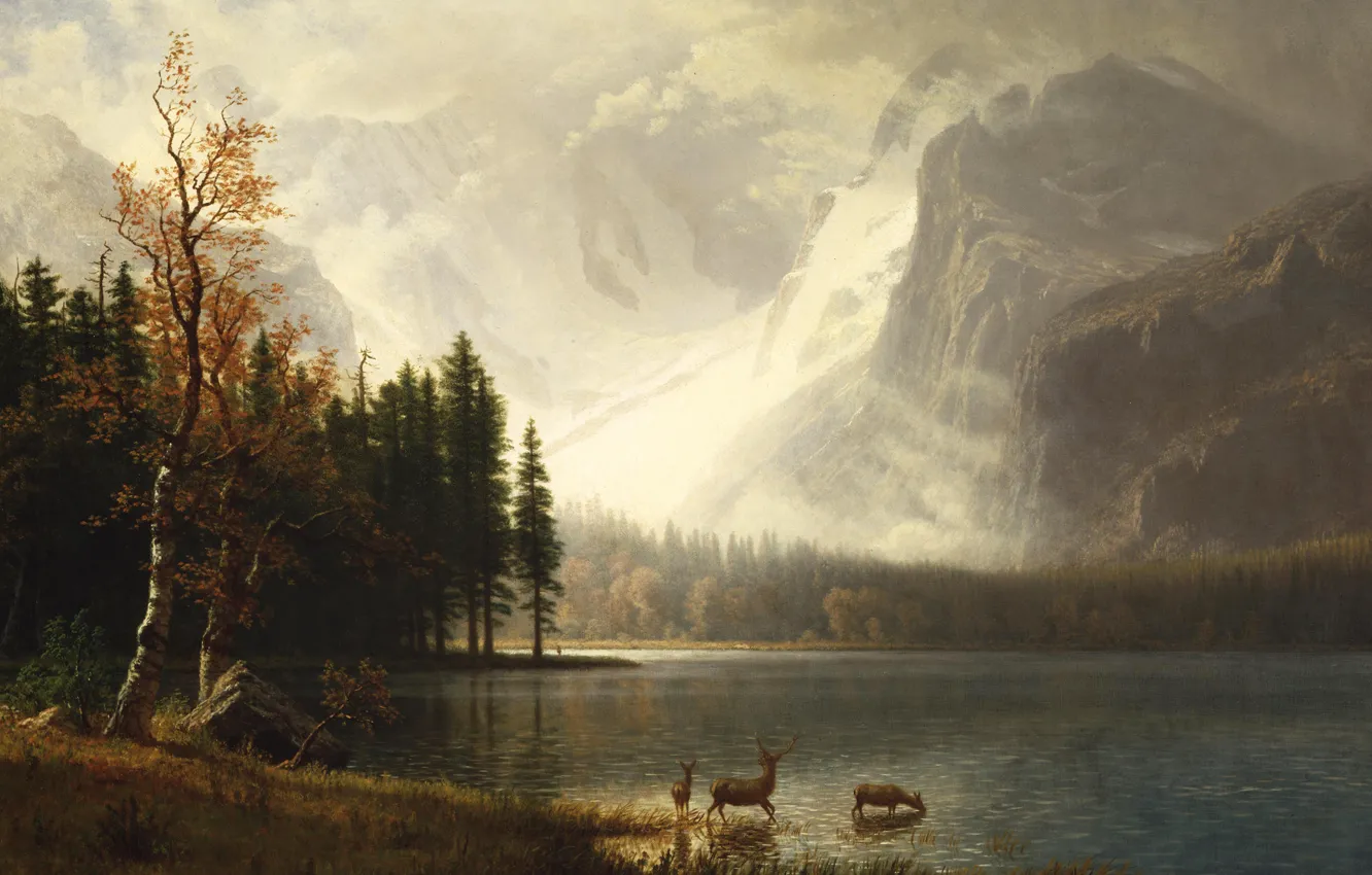 Фото обои животные, пейзаж, горы, картина, Альберт Бирштадт, Эстес Парк. Колорадо. Озеро Уайта