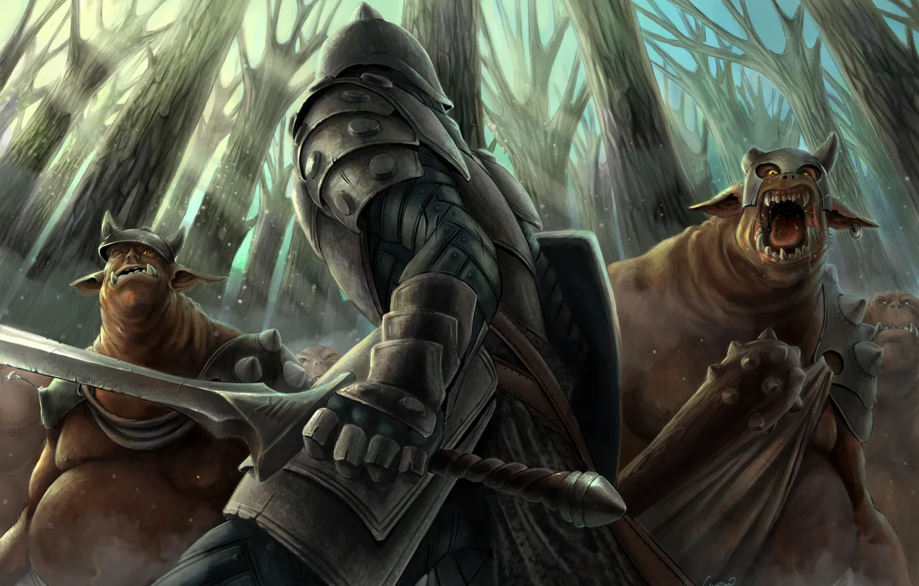 Фото обои лес, меч, доспехи, воин, арт, монстры, m-kara