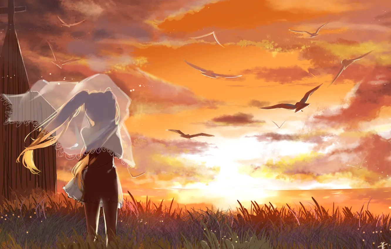 Фото обои море, девушка, закат, птицы, vocaloid, hatsune miku, вокалоид, art