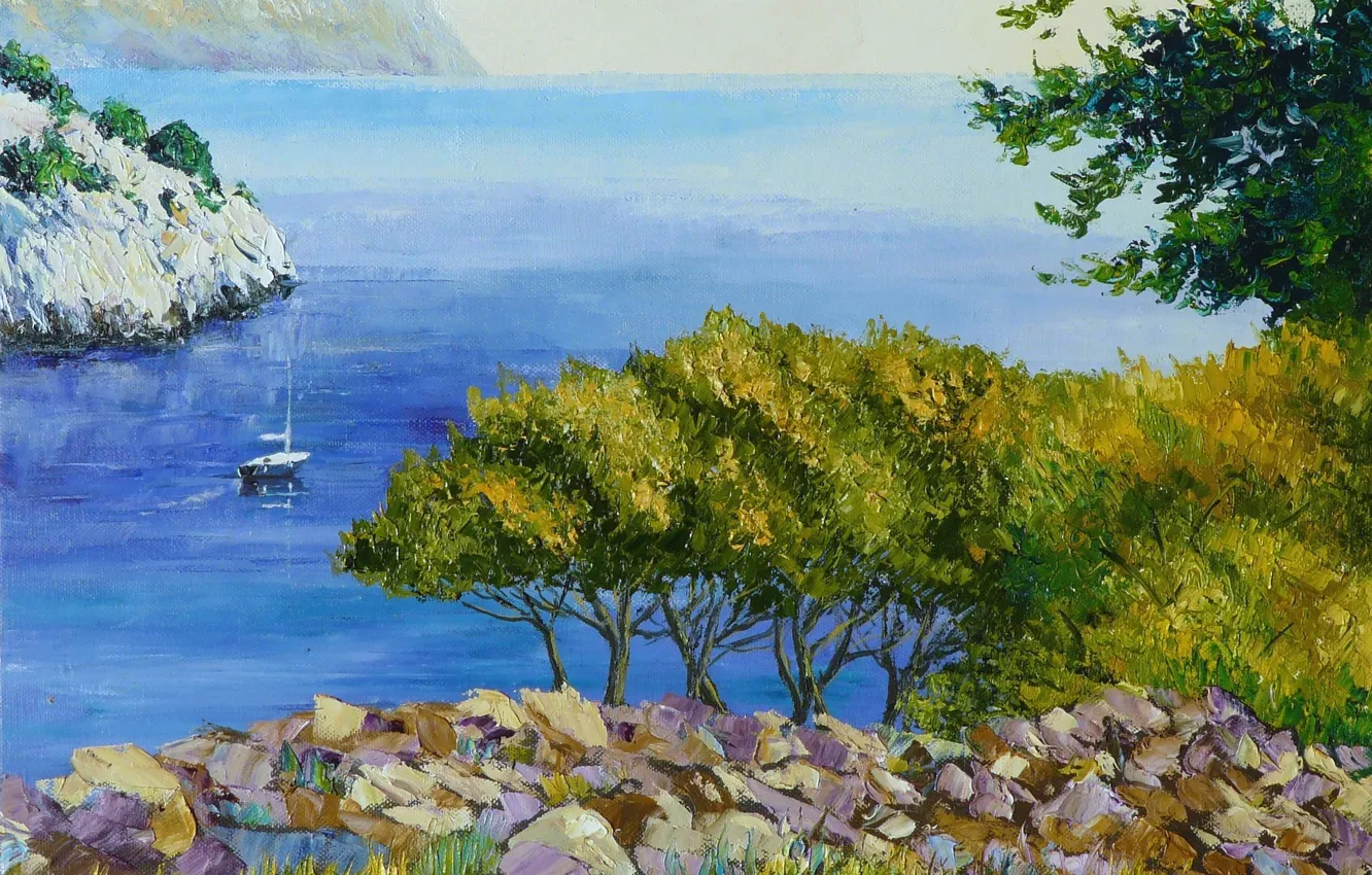 Фото обои море, деревья, пейзаж, камни, скалы, берег, картина, яхта