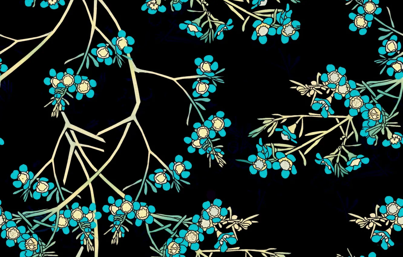 Фото обои цветы, ветки, фон, черный, голубые, design, pattern