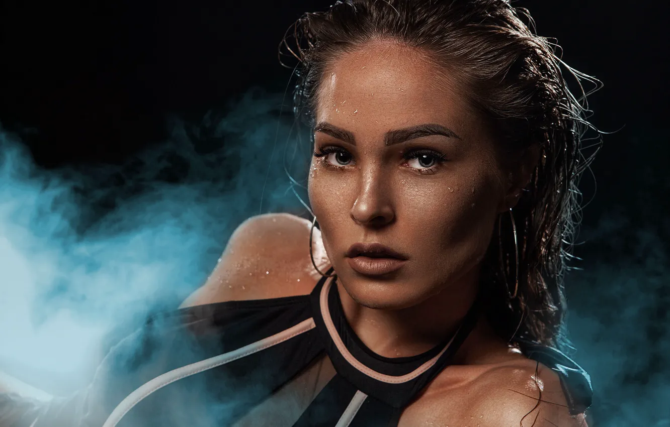 Фото обои взгляд, девушка, капли, лицо, портрет, мокрая, пара