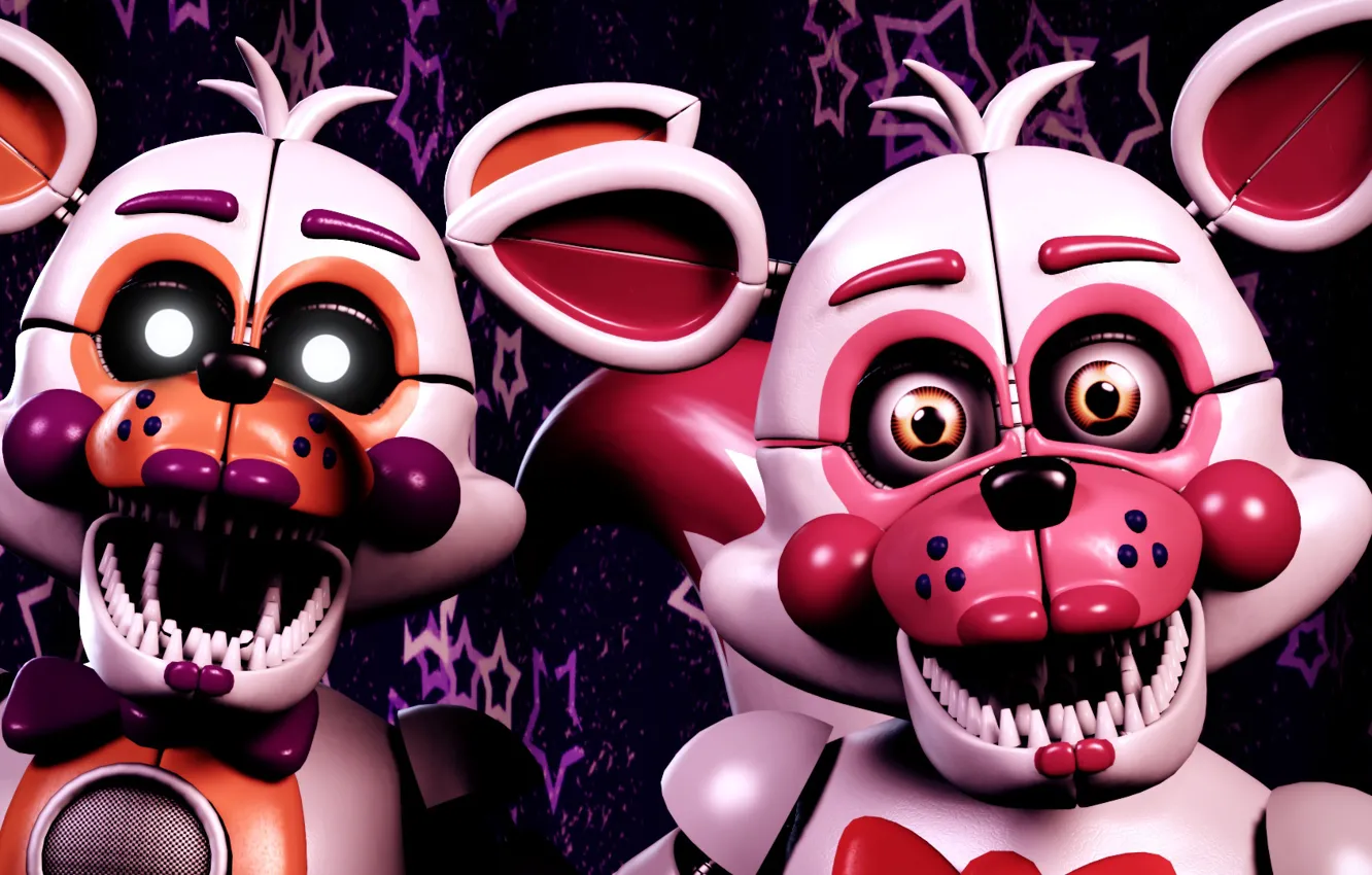 Фото обои звери, игра, куклы, пара, зубастые, Five Nights at Freddy's, механические куклы, Пять ночей у Фредди