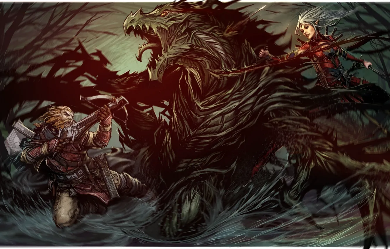 Фото обои вода, девушка, оружие, дракон, монстр, бой, воин, фэнтези