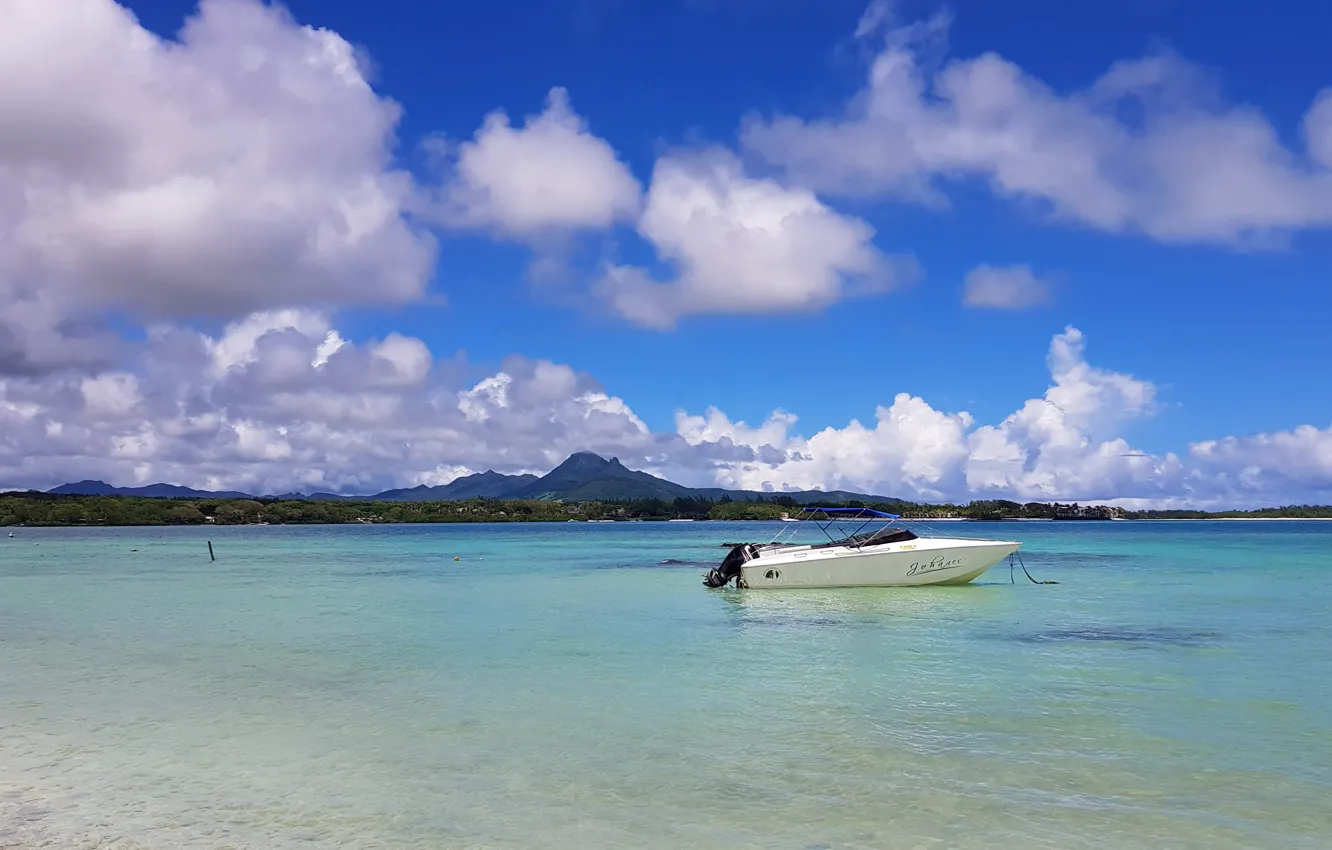 Фото обои пальмы, побережье, остров, катер, Индийский океан, Маврикий, Mauritius, Indian Ocean