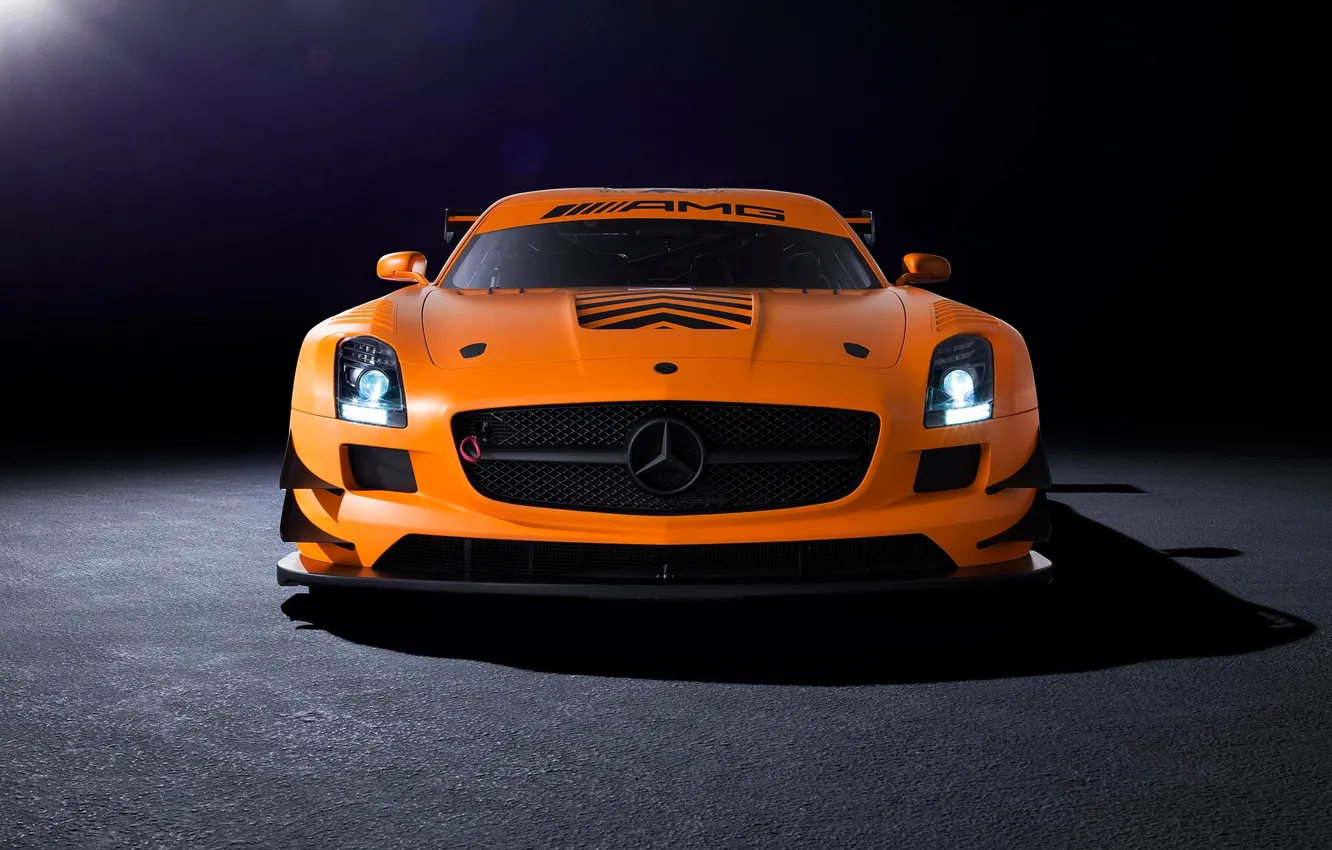 Фото обои оранжевый, Mercedes-Benz, AMG, SLS, GT3, front, orange, мерседес бенц