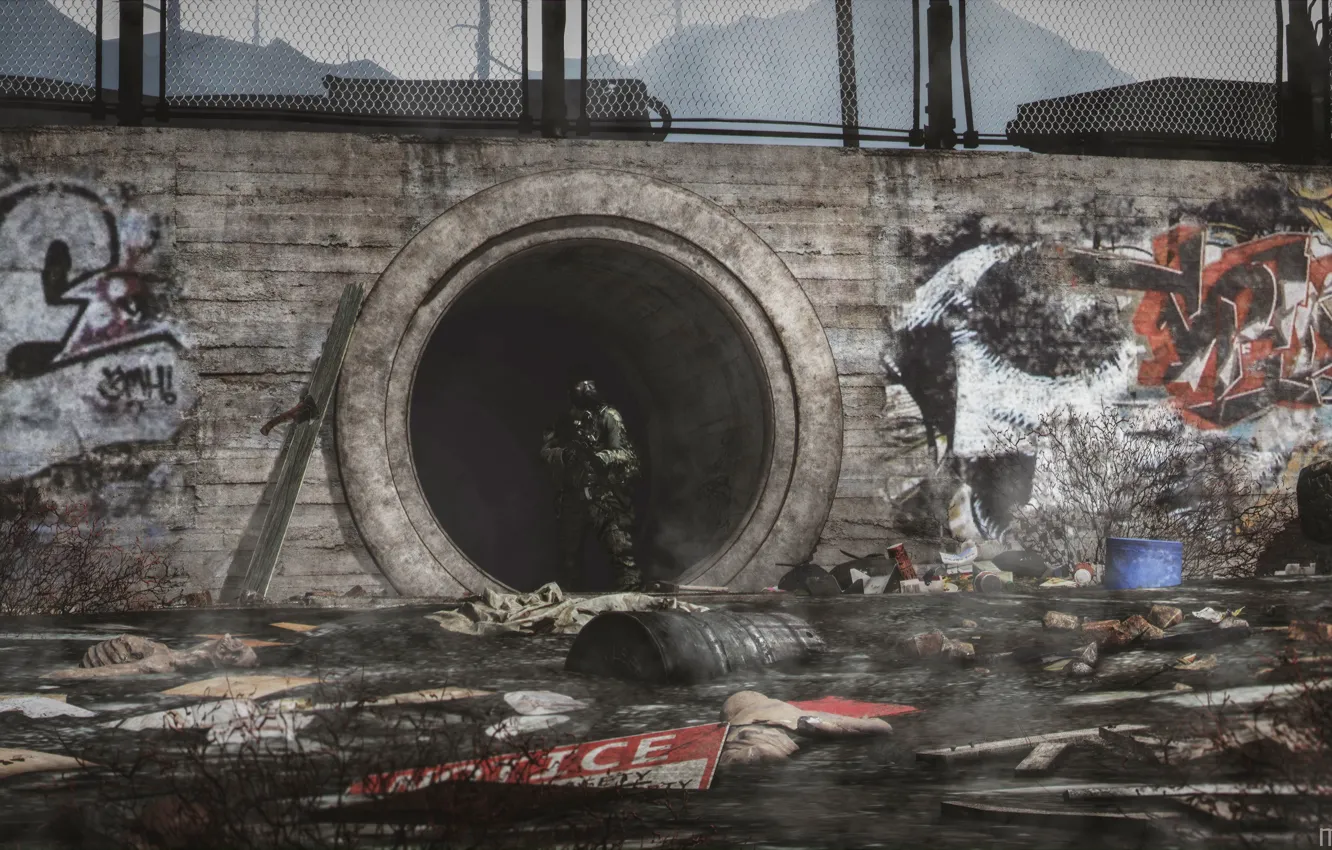 Фото обои мусор, граффити, воин, Outbreak, Коллекторы