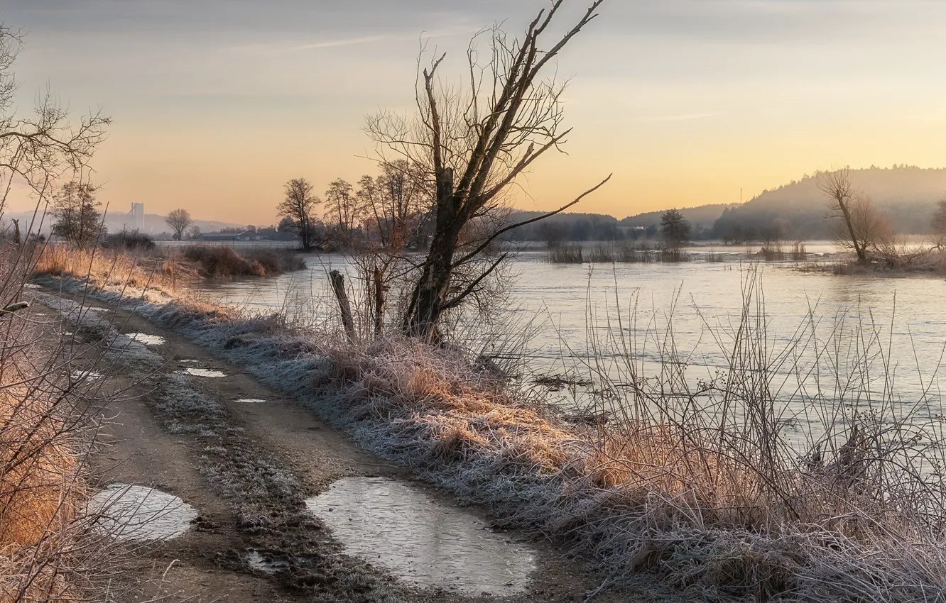 Фото обои зима, дорога, река