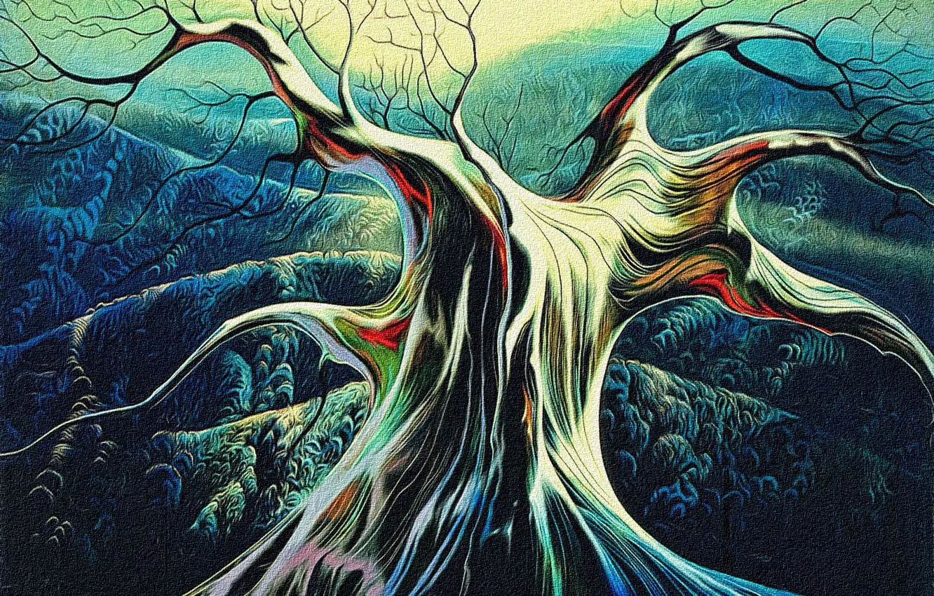 Фото обои осень, абстракция, рендеринг, дерево, холмы, холст, акрил, репродукция работы Эйвинда Эрла (Eyvind Earle)