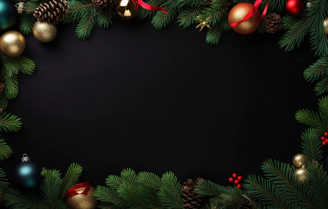 Фото обои украшения, темный фон, шары, рамка, Новый Год, Рождество, golden, new year