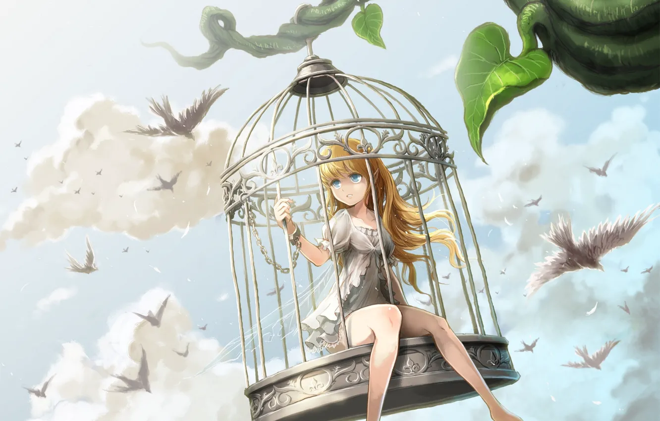 Фото обои небо, девушка, облака, птицы, крылья, клетка, аниме, арт