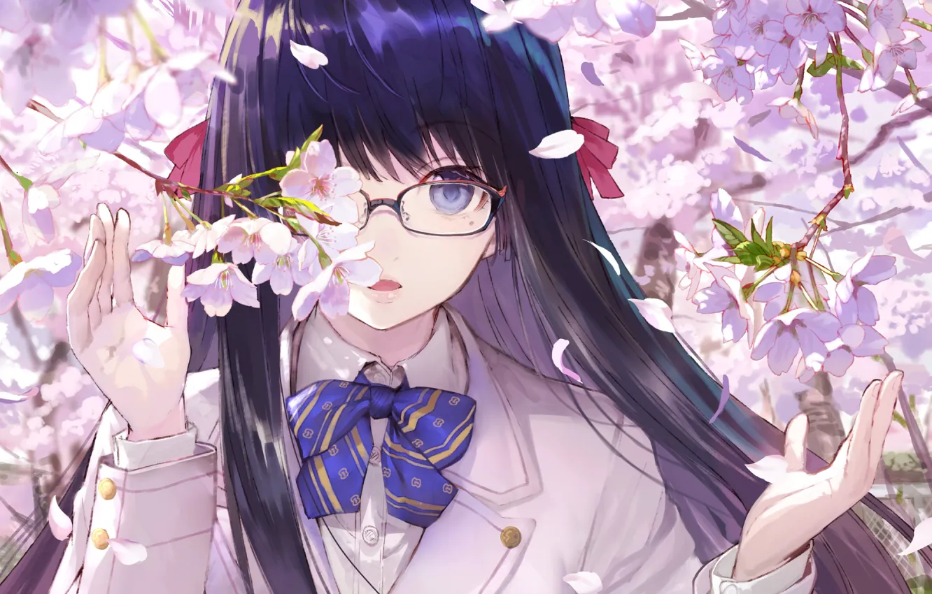 Фото обои ветки, лицо, весна, руки, сакура, очки, девочка, школьница