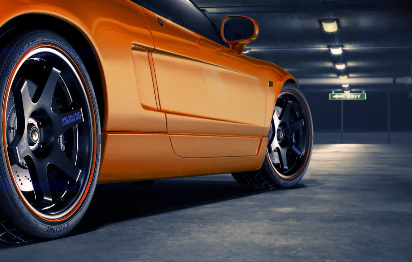 Фото обои колесо, парковка, диск, Honda, rear, orange, NSX, Yokohama