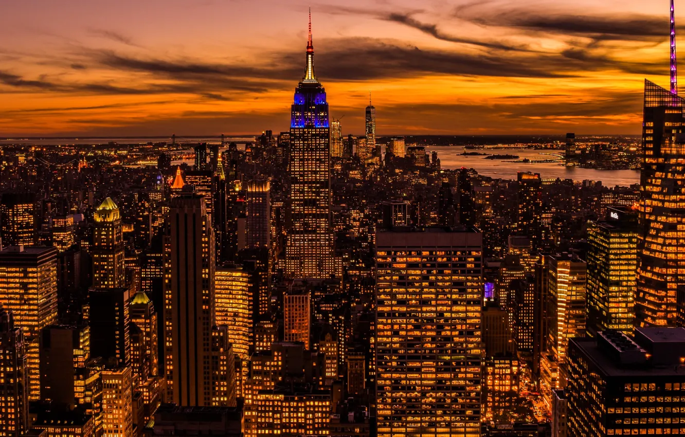 Фото обои ночь, огни, дома, Нью-Йорк, панорама, США
