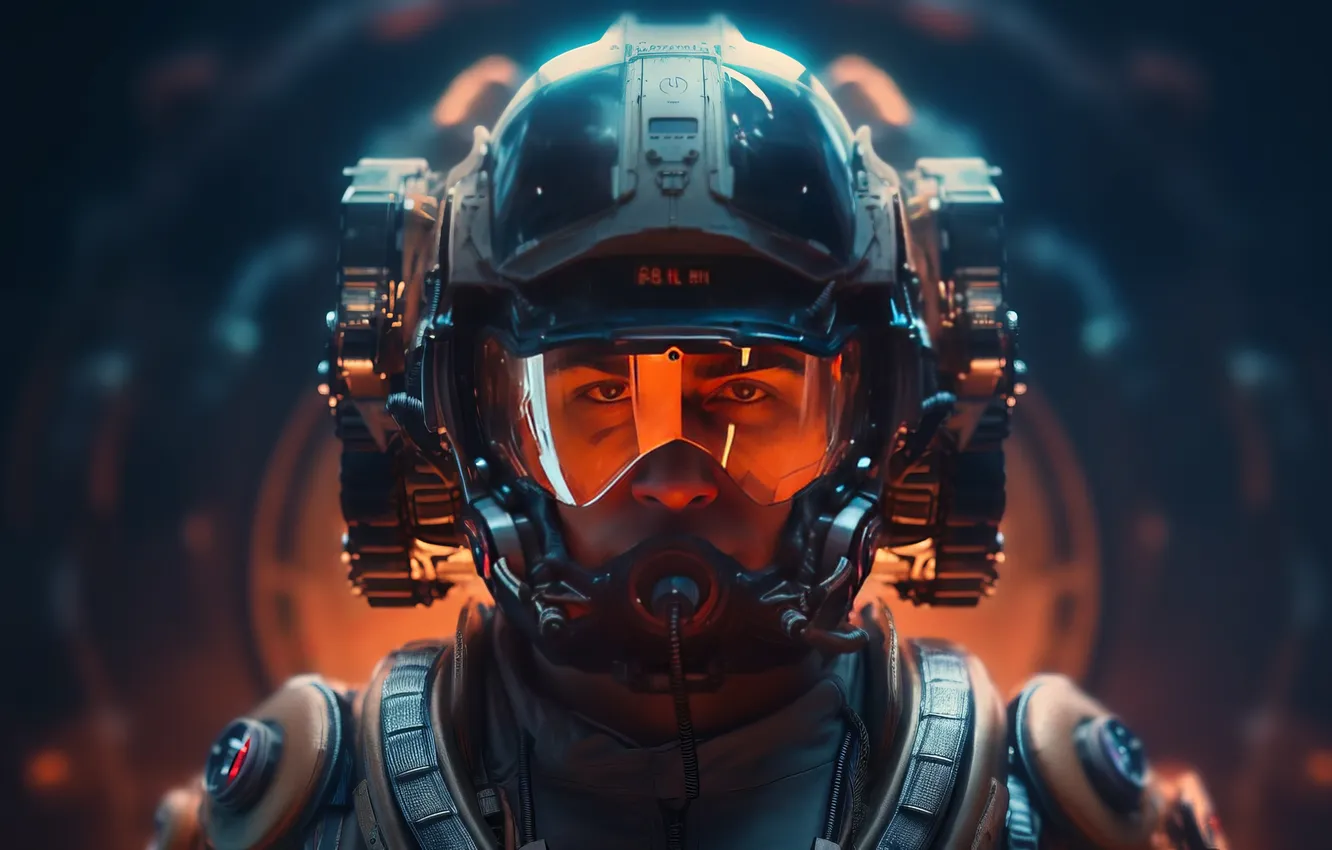 Фото обои science fiction, men, pilot, helmet, illustration, futuristic, looking at viewer, AI art
