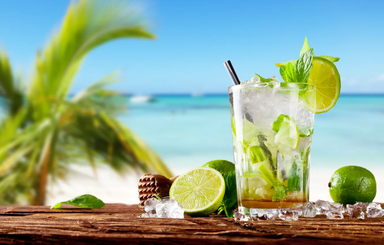 Фото обои море, коктейль, лайм, fresh, drink, mojito, cocktail, lime