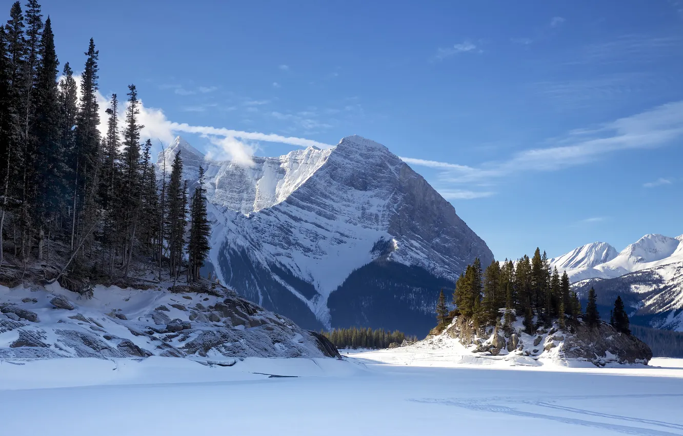 Фото обои лед, зима, небо, снег, деревья, пейзаж, горы, озеро