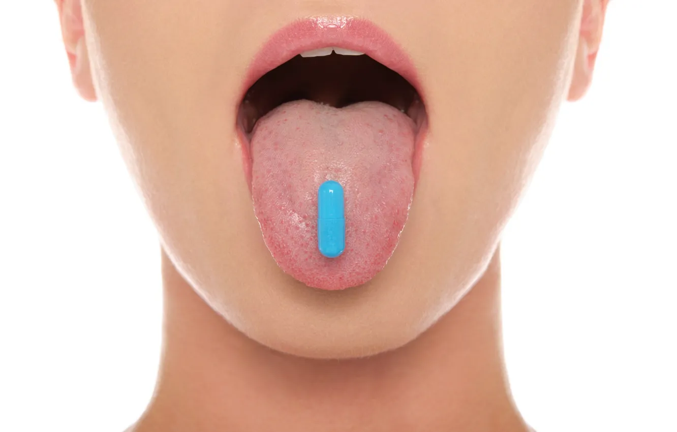 Фото обои woman, drug, tongue, pill