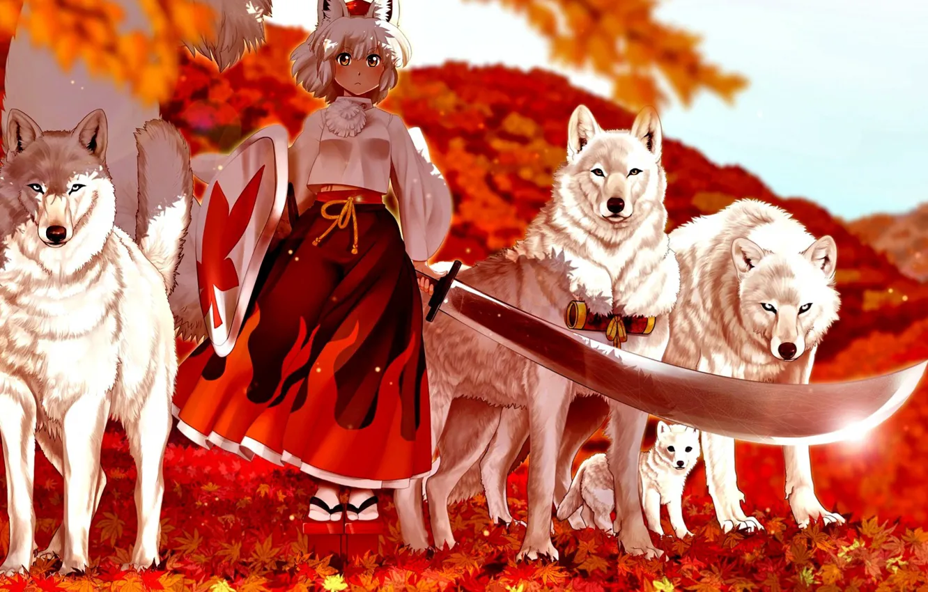 Фото обои меч, девочка, волки