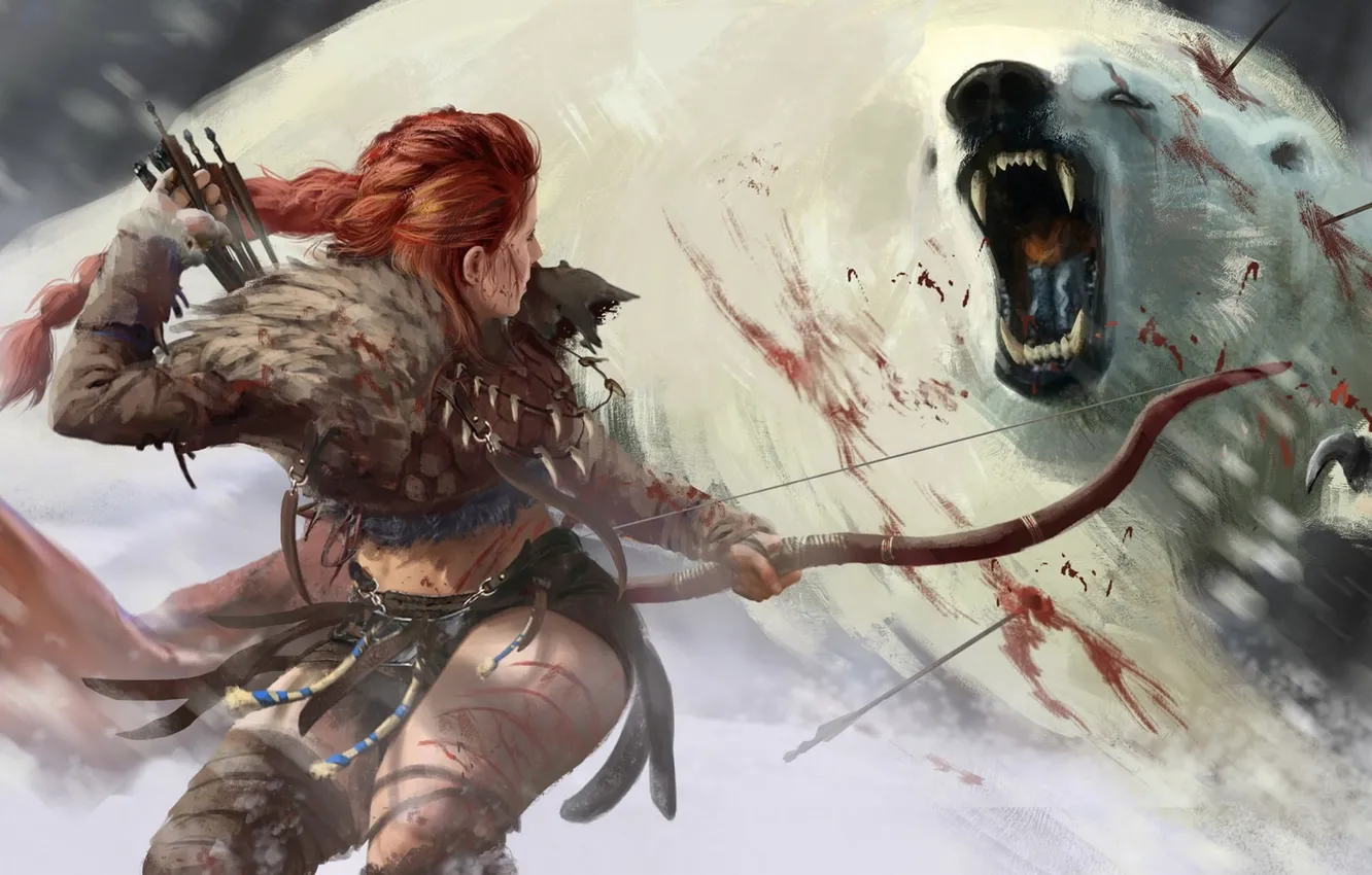 Фото обои девушка, снег, кровь, лук, Медведь, стрела