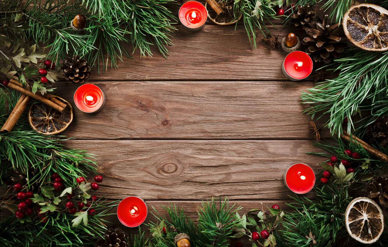 Фото обои елка, свечи, Новый Год, Рождество, Christmas, шишки, wood, New Year