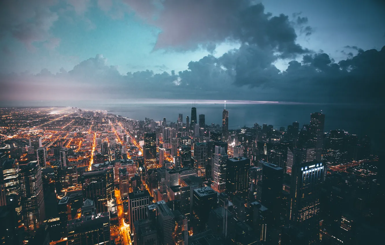 Фото обои облака, город, огни, вечер, Чикаго, США