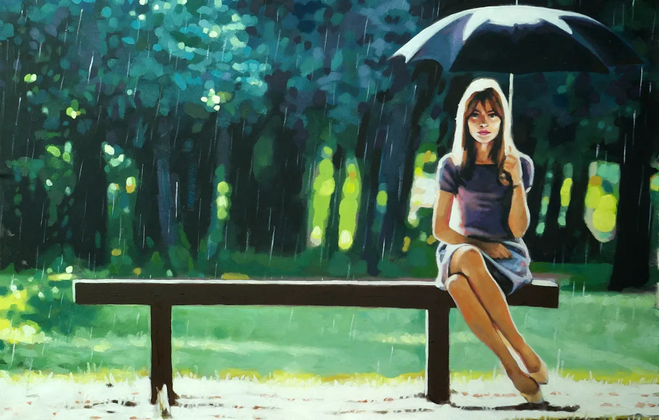 Фото обои зелень, девушка, деревья, скамейка, парк, дождь, настроение, зонт