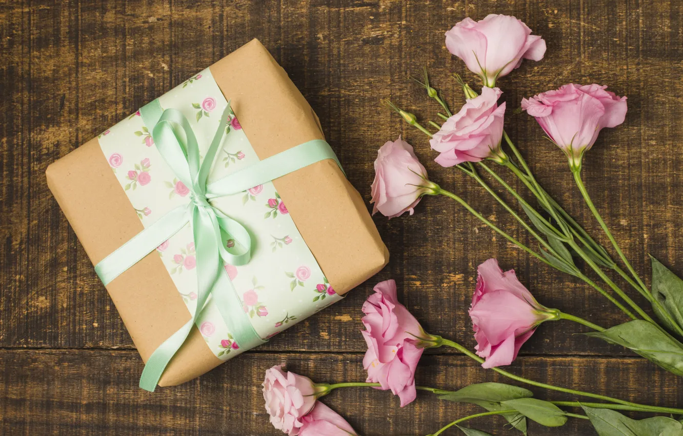 Фото обои цветы, подарок, розовые, pink, flowers, эустома, gift box, eustoma