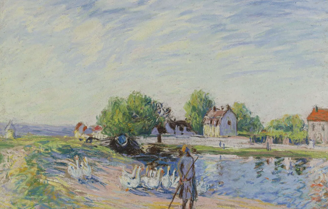 Фото обои животные, пейзаж, птицы, дом, картина, Alfred Sisley, Альфред Сислей, Гуси в Сен-Мамес