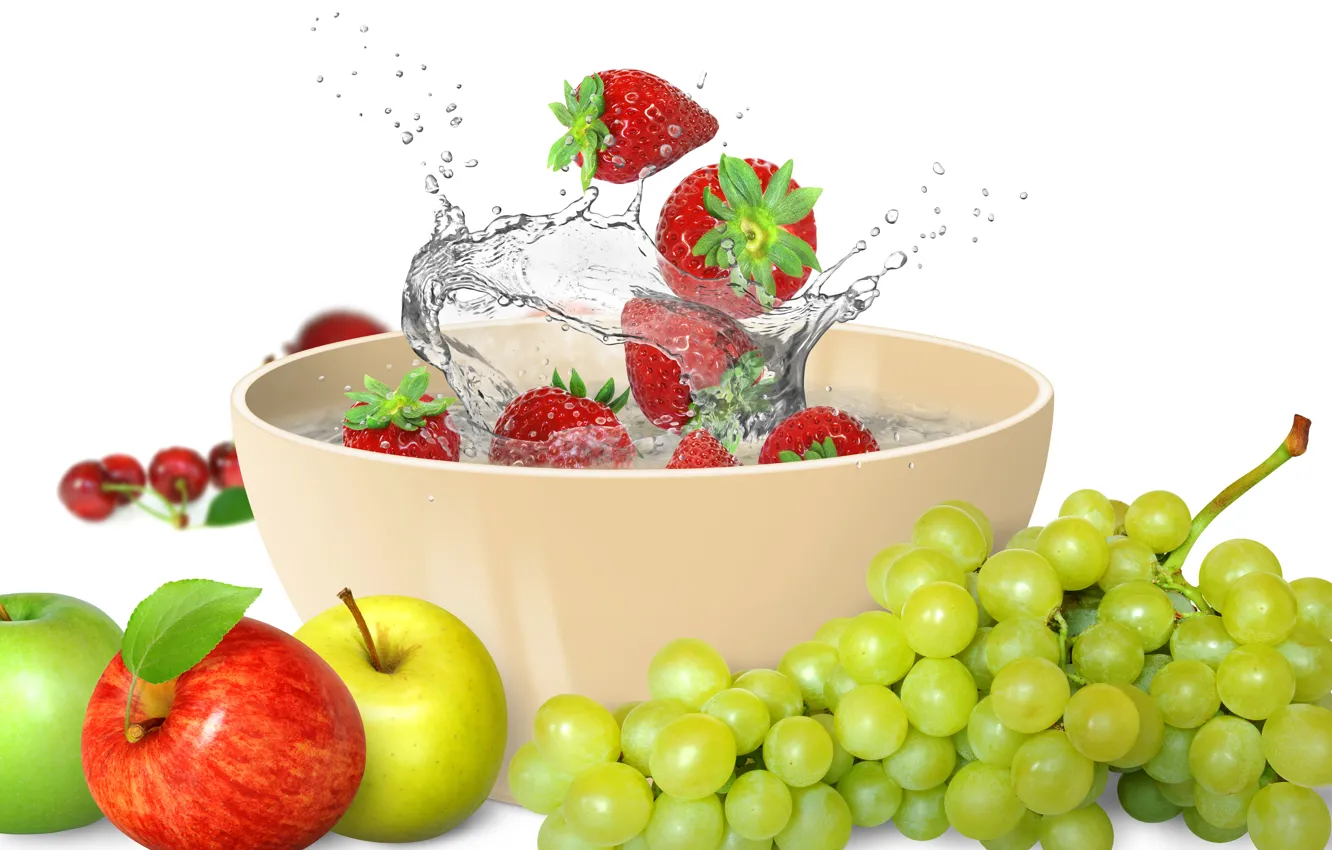 Фото обои вода, брызги, яблоки, клубника, фрукты, fresh, water, grape