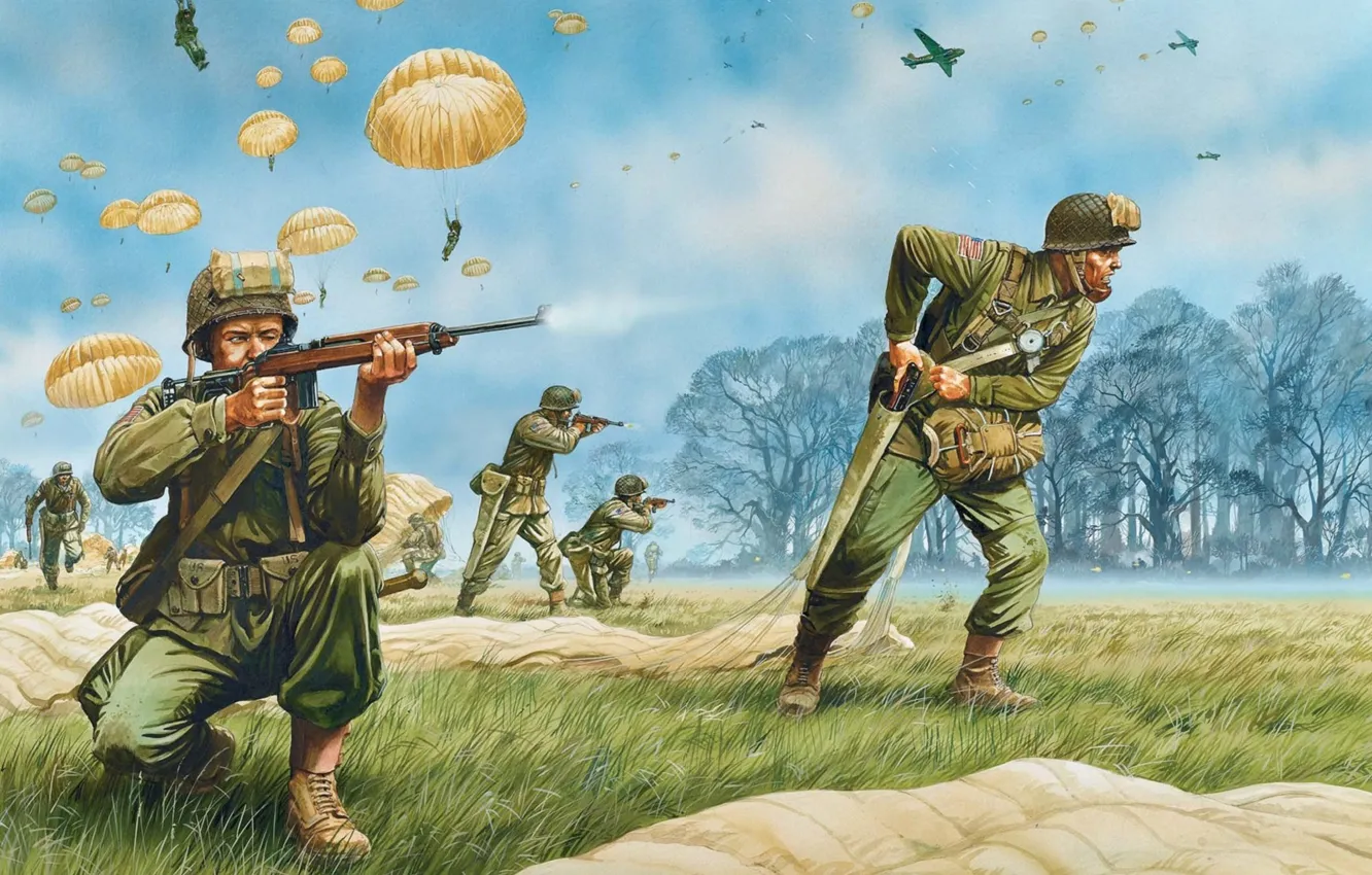 Фото обои трава, деревья, оружие, рисунок, арт, солдаты, США, экипировка