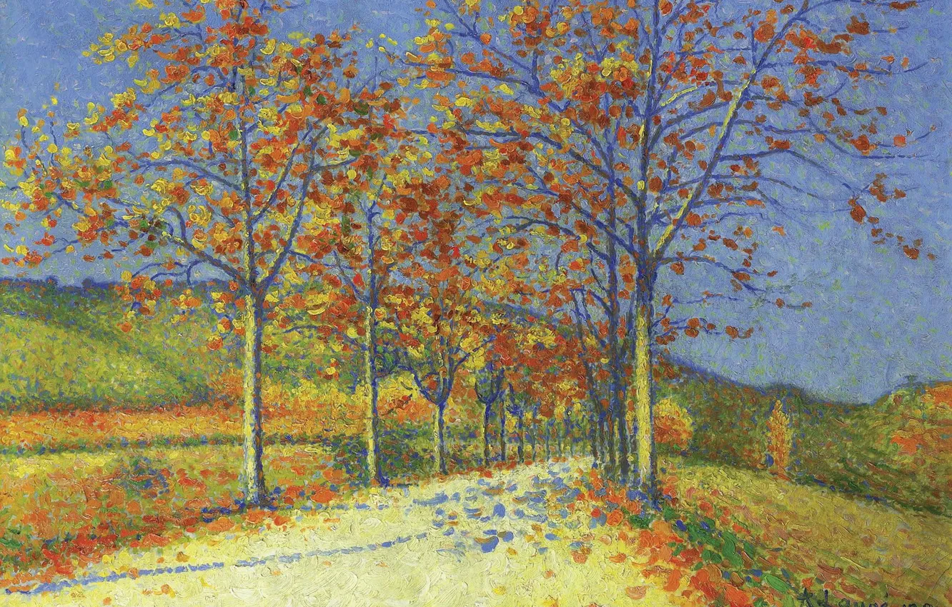 Фото обои пейзаж, картина, Achille Lauge, Ашиль Ложе, Дорога с Миндальными Деревьями Осенью