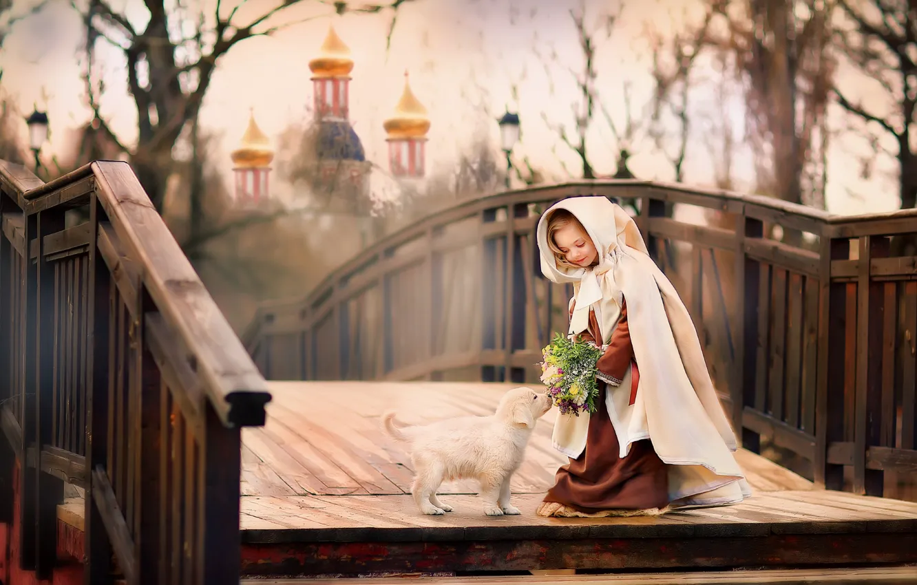 Фото обои девочка, церковь, щенок, мостик, ребёнок, купола, барышня, Оксана Митина