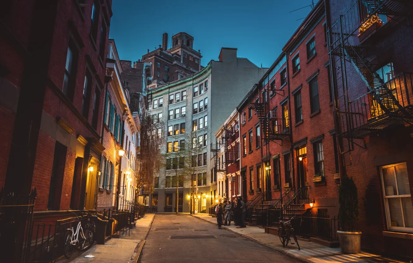 Фото обои люди, улица, Нью-Йорк, сумерки, велосипеды, Соединенные Штаты, фонарные столбы