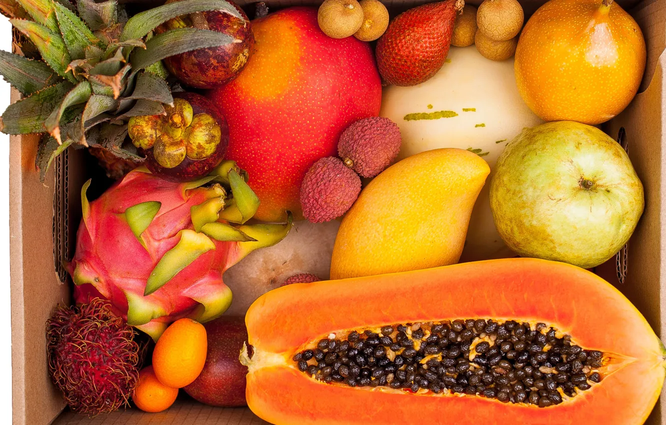 Фото обои груша, фрукты, манго, ананас, тропический, папайя, личи