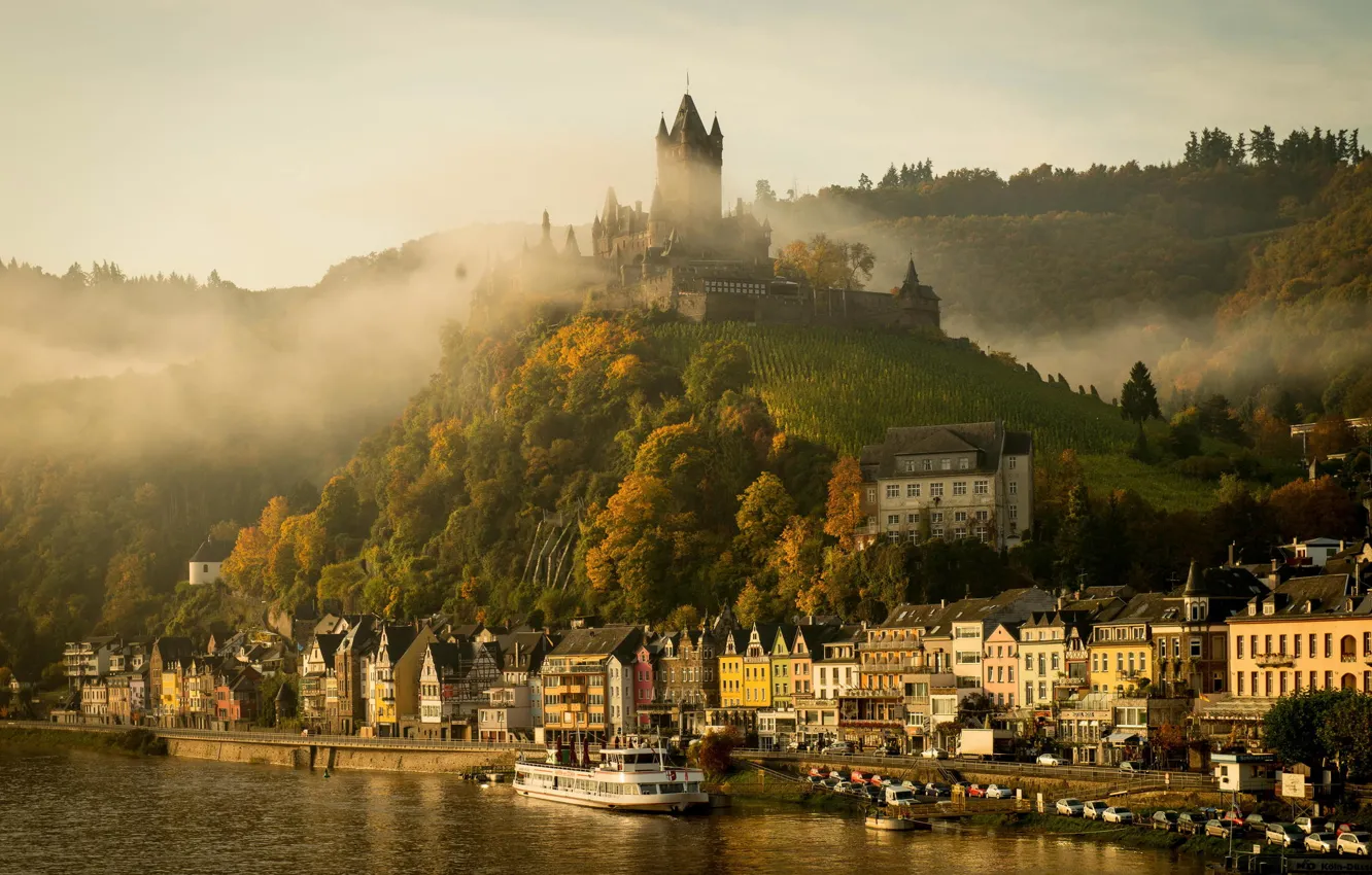 Фото обои осень, город, туман, река, замок, утро, Германия, Кохем