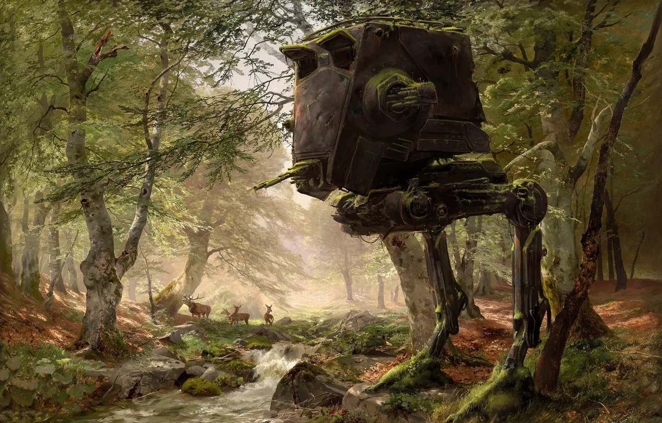 Фото обои лес, деревья, star wars, robot, олени, art, AT-ST, Imperial AT-ST Scout Walker