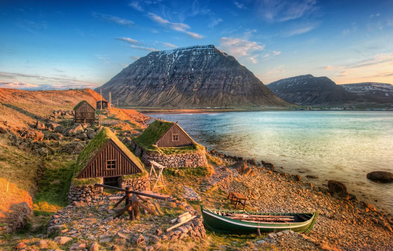 Фото обои море, горы, побережье, лодка, Исландия, Iceland, Isafjordur