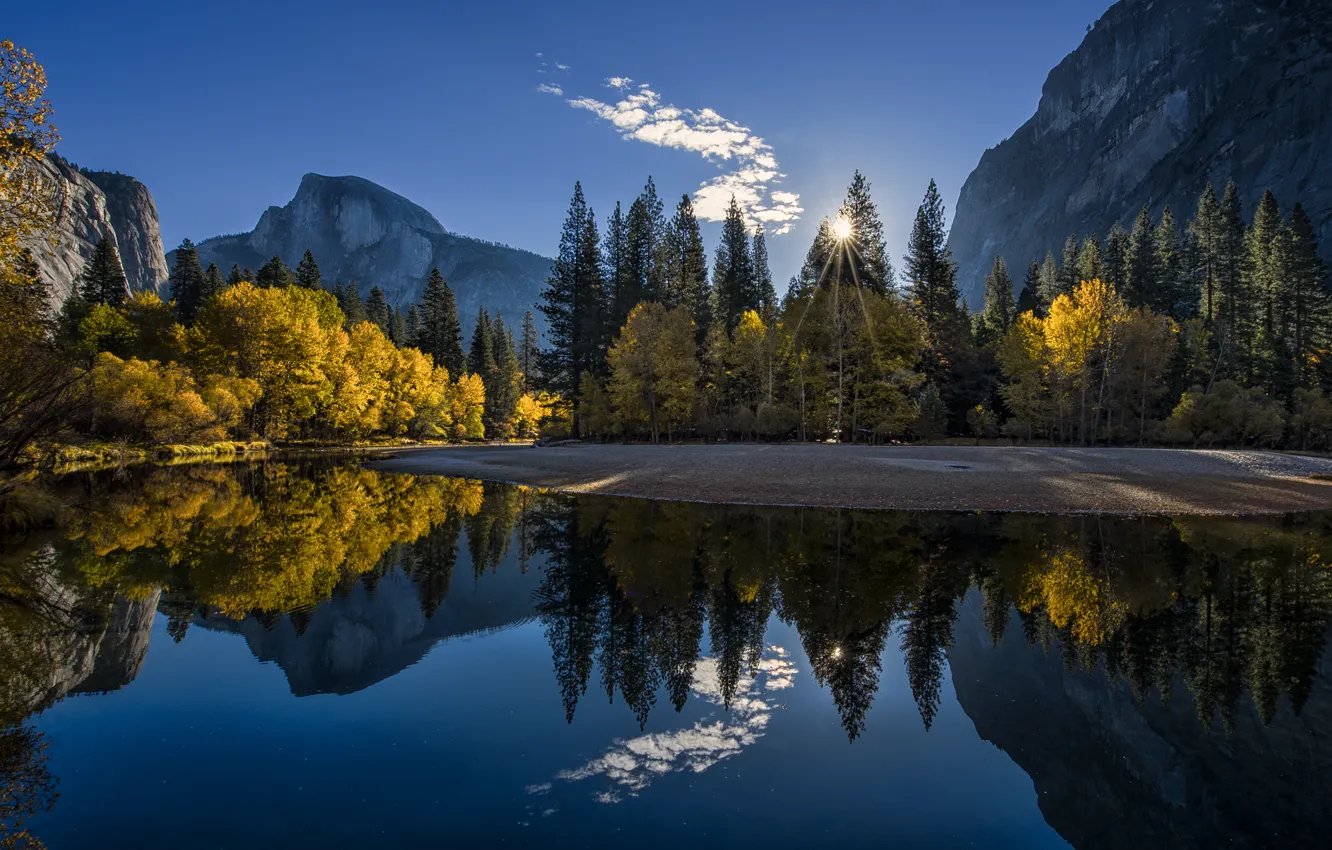 Фото обои осень, лес, горы, озеро, восход, утро, Калифорния, Йосемити