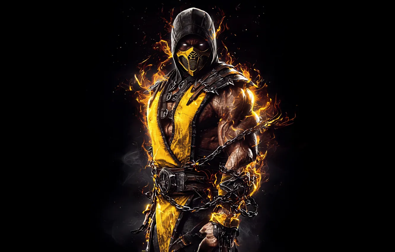 Фото обои muscular, chama, poder, jogo, fogo, mortal kombat 1, mk 1, escorpião