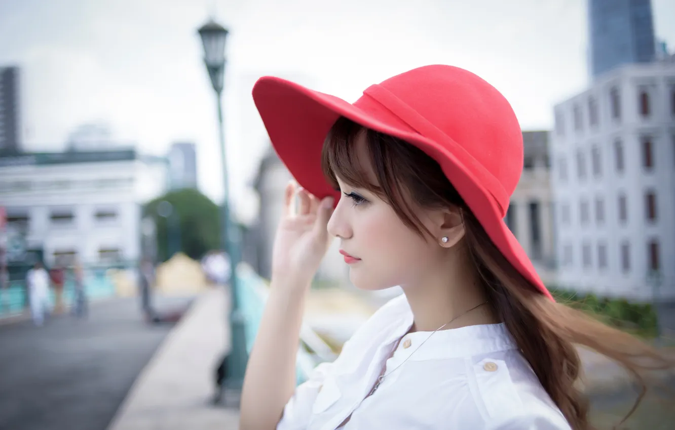 Фото обои шляпа, азиатка, красная