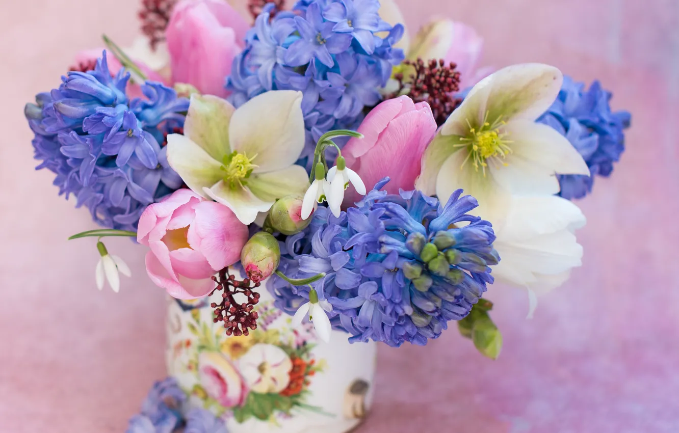 Фото обои фон, букет, подснежники, тюльпаны, гиацинты, морозник