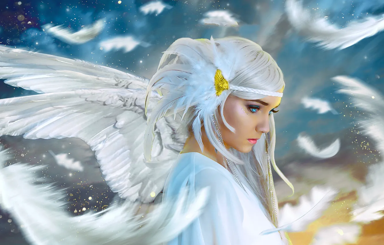 Фото обои девушка, ангел, перья, белые крылья